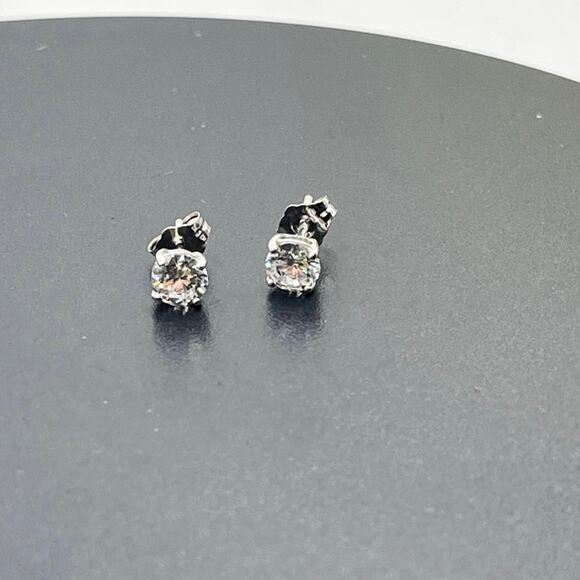 LM Signed 14k White Gold 4 Prong 5mm Round Stud Solitaire CZ Earrings - Picture 8 of 14